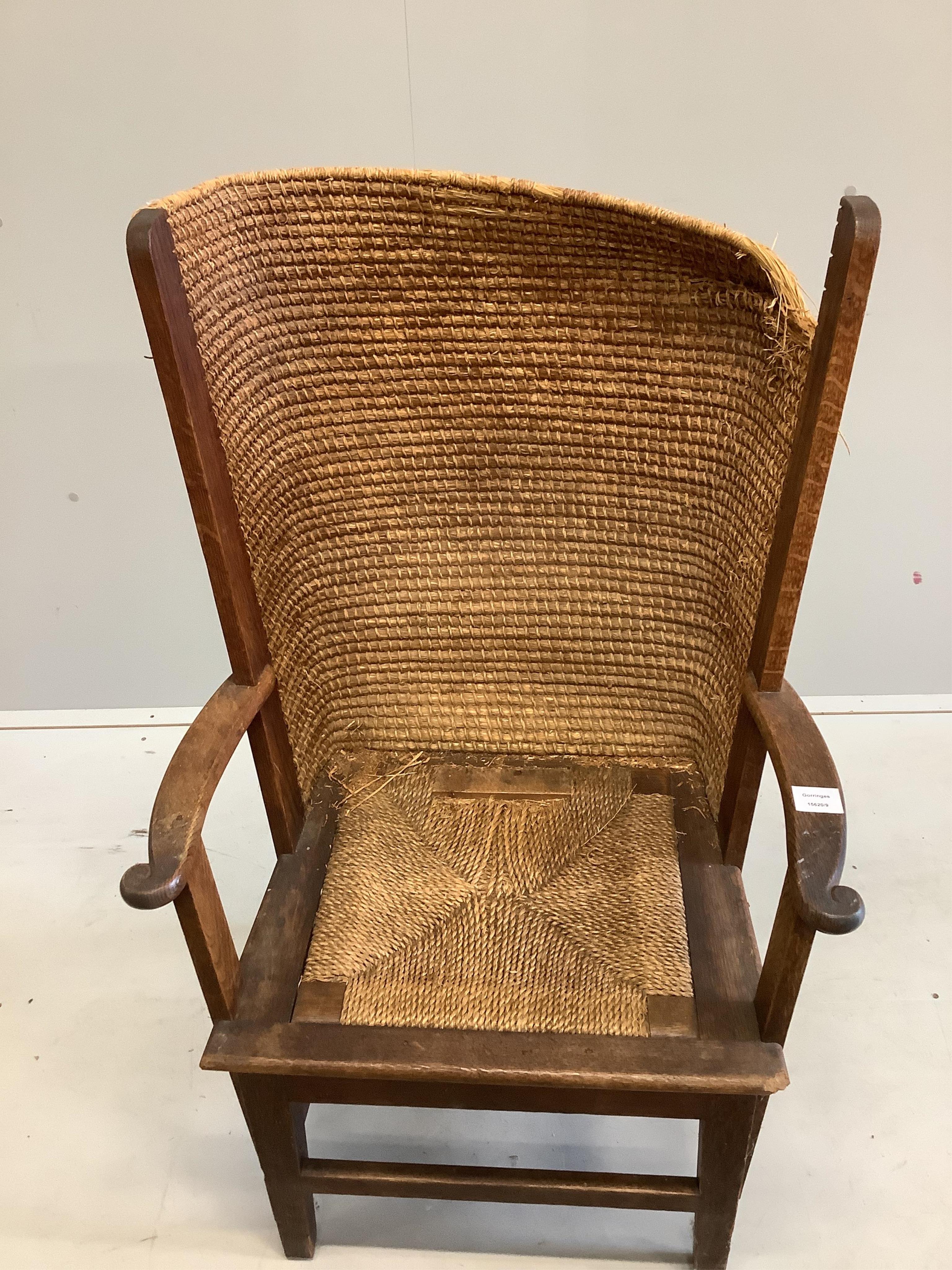 A Victorian oak Orkney chair, width 60cm, depth 48cm, height 108cm. Condition - poor to fair